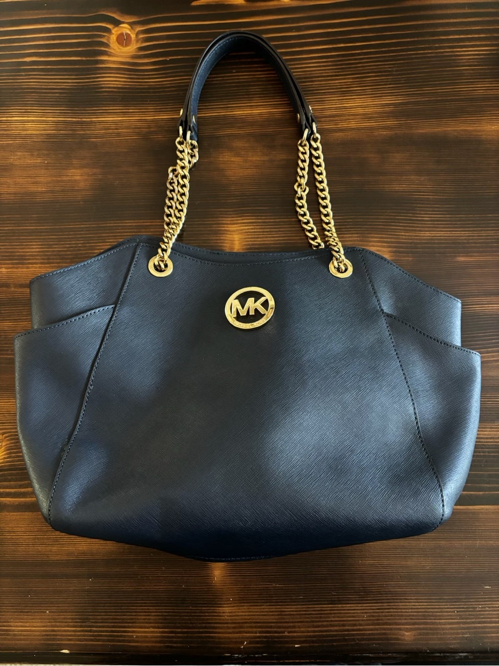 Michael Kors Blue  Leather Tote with Gold Chain Straps